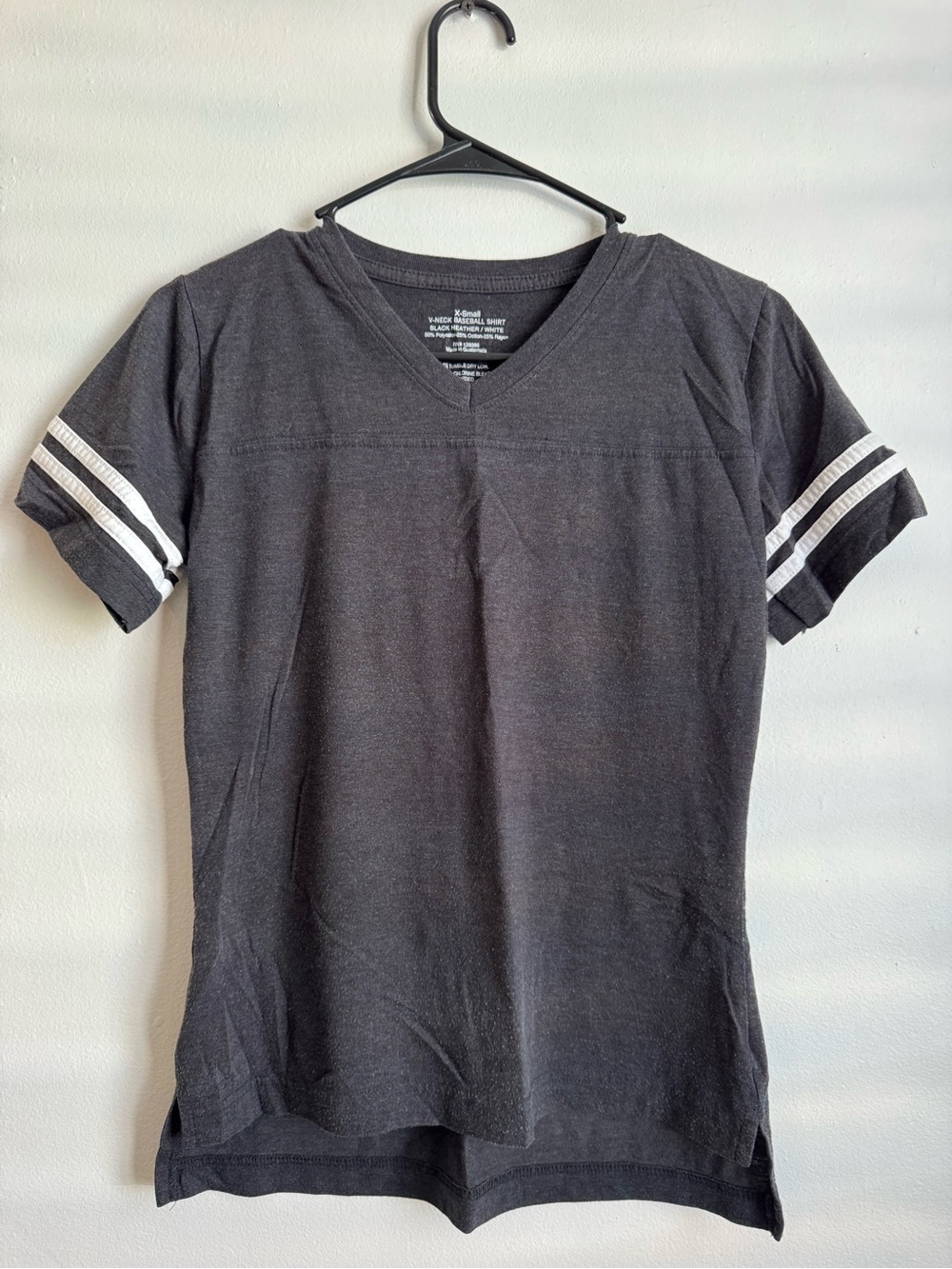 Women's Black V-Neck Short Sleeve Tee with White Sleeve Stripes